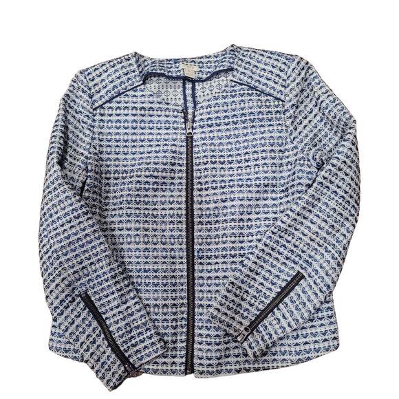 J. Crew Jackets & Blazers - J. Crew Jacket Jacquard Full Zip Blue/White Collarless Blazer Size M